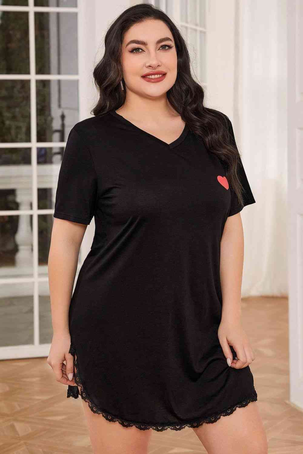 Plus Size Lace Trim V-Neck Short Sleeve Night Dress Black