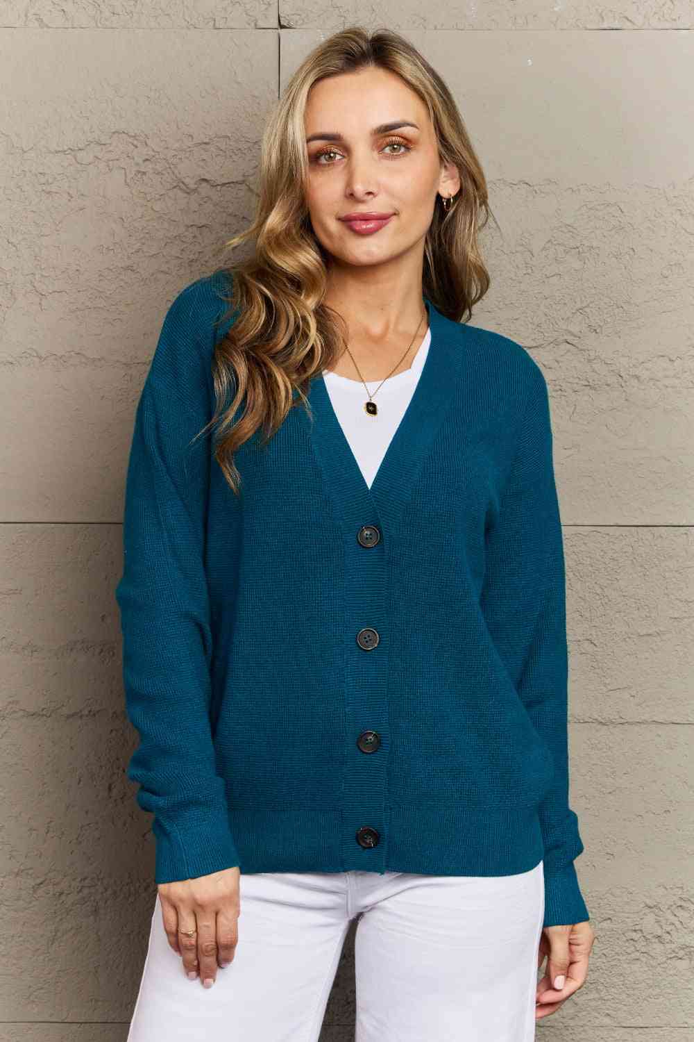 Zenana Kiss Me Tonight Full Size Button Down Cardigan in Teal Teal