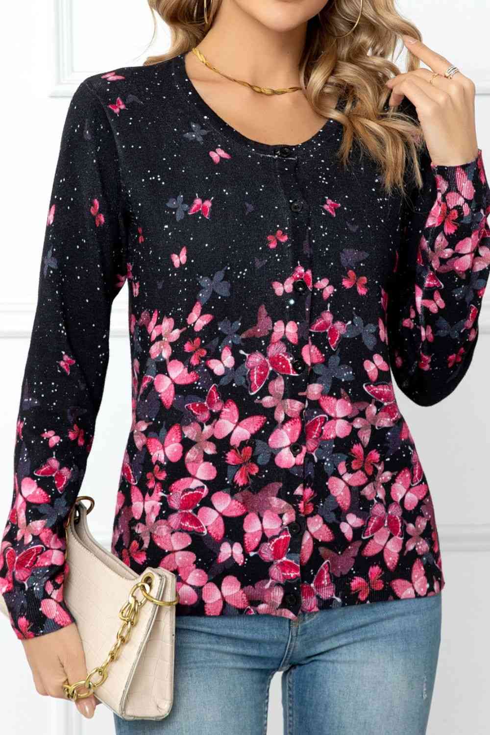 Woven Right Floral Button Front Round Neck Cardigan Black