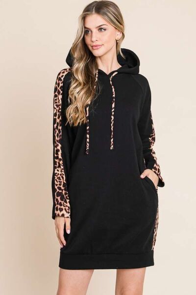 Culture Code Drawstring Leopard Long Sleeve Hooded Dress BLACK