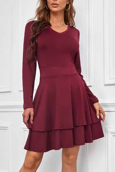 V-Neck Long Sleeve Layered Dress Wine