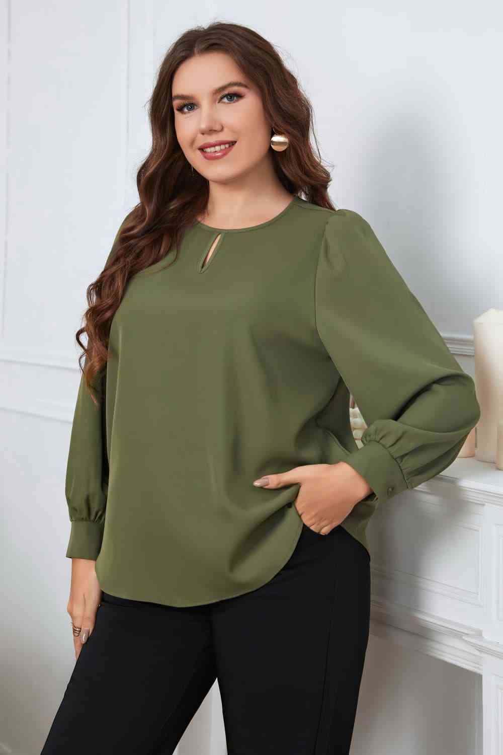 Melo Apparel Plus Size Round Neck Long Sleeve Blouse Moss