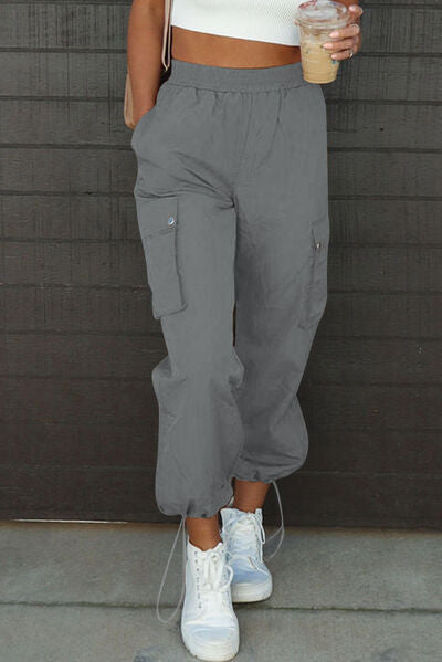 Drawstring Elastic Waist Pants with Pockets Charcoal