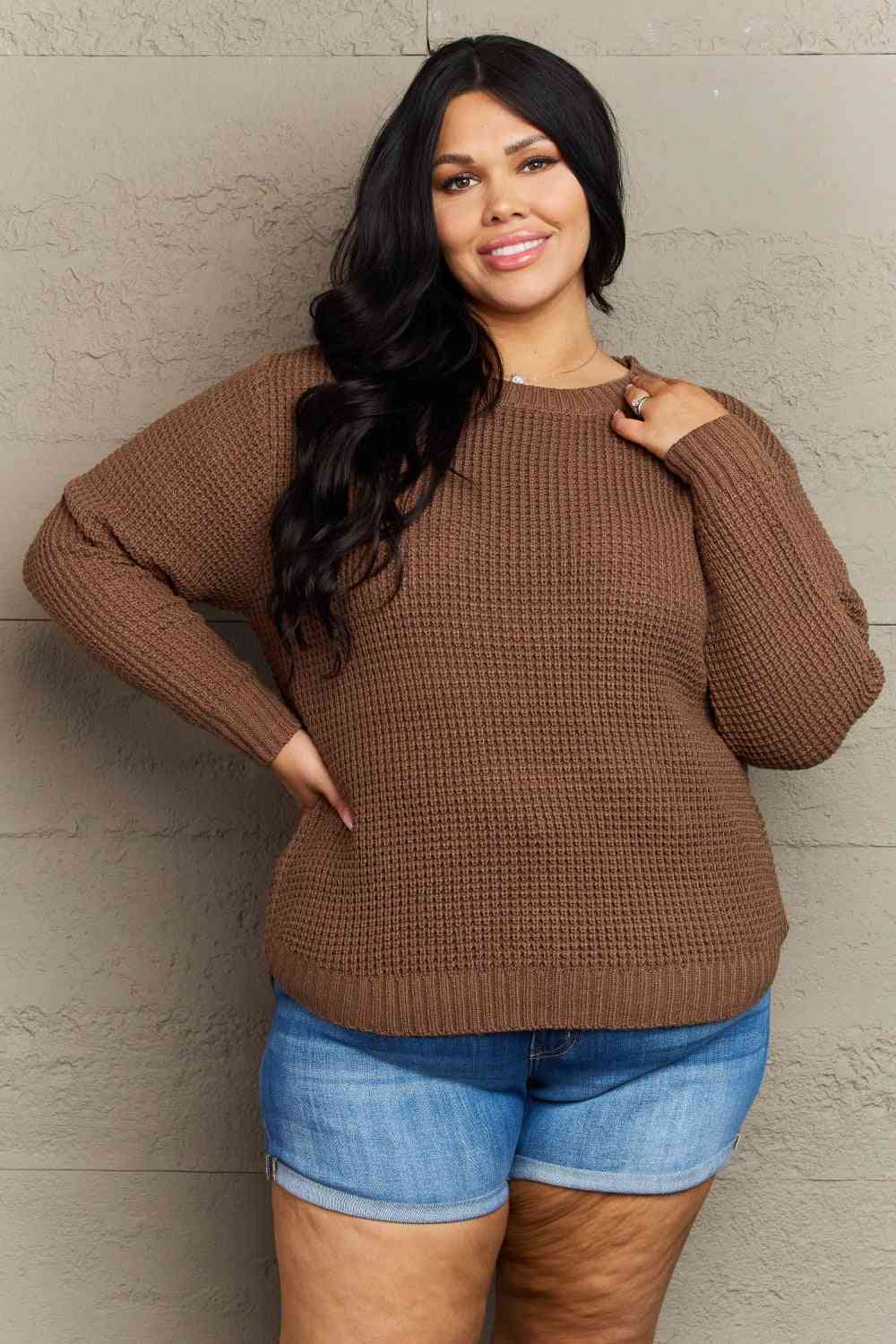 Zenana Breezy Days Plus Size High Low Waffle Knit Sweater Chestnut