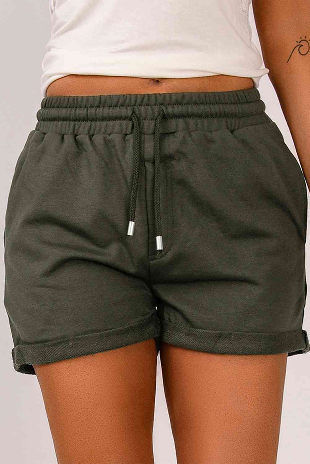 Drawstring Waist Cuffed Shorts Army Green