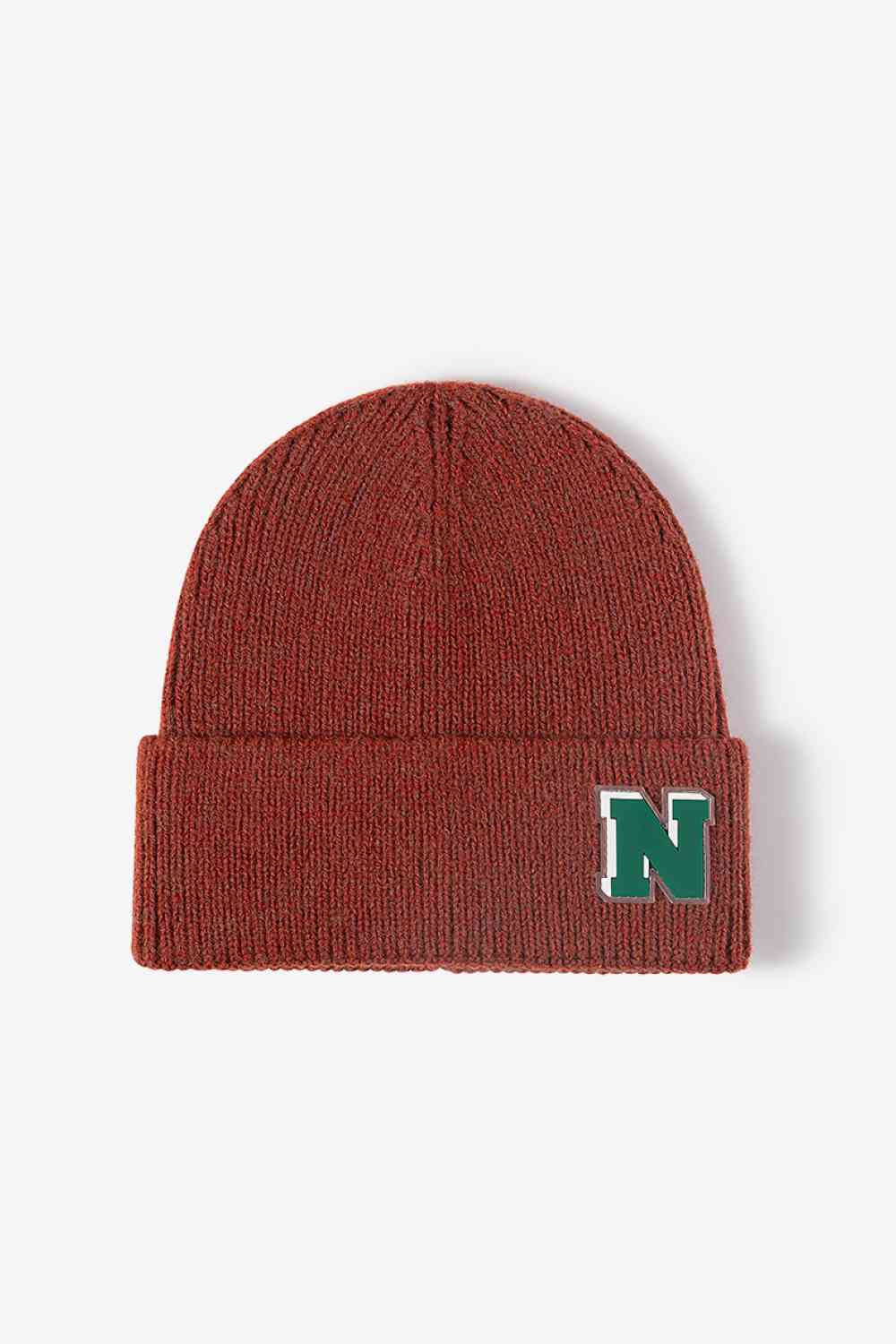 Letter N Patch Cuffed Knit Beanie Rust One Size