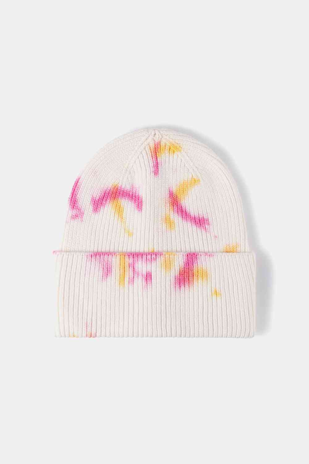 Tie-Dye Cuffed Rib-Knit Beanie Hat White One Size