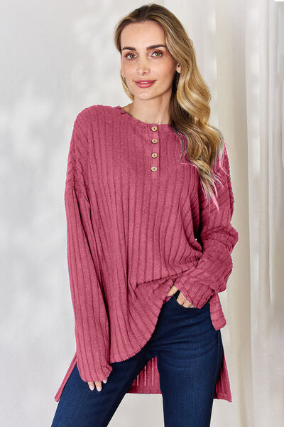 Basic Bae Full Size Ribbed Half Button Long Sleeve High-Low T-Shirt Hot Pink