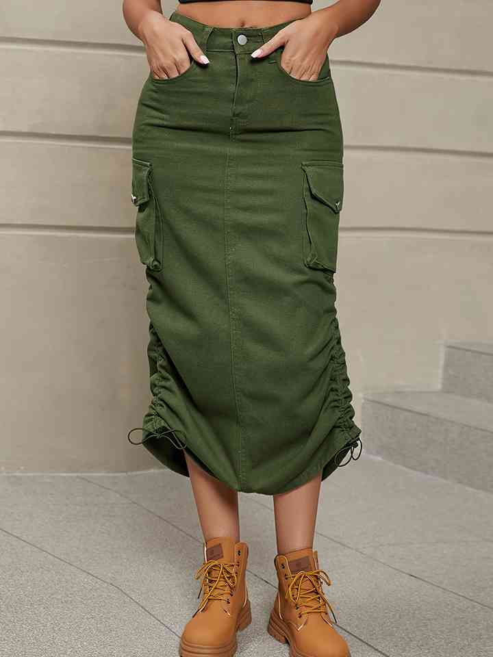 Drawstring Denim Skirt with Pockets Green