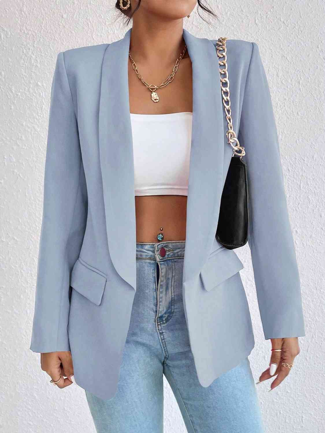 Shawl Collar Long Sleeve Blazer Misty Blue