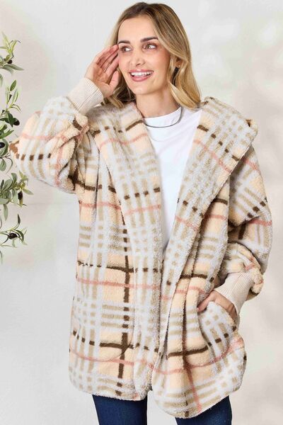 H&T Checked Faux Fur Hooded Jacket CREAM MIX One Size
