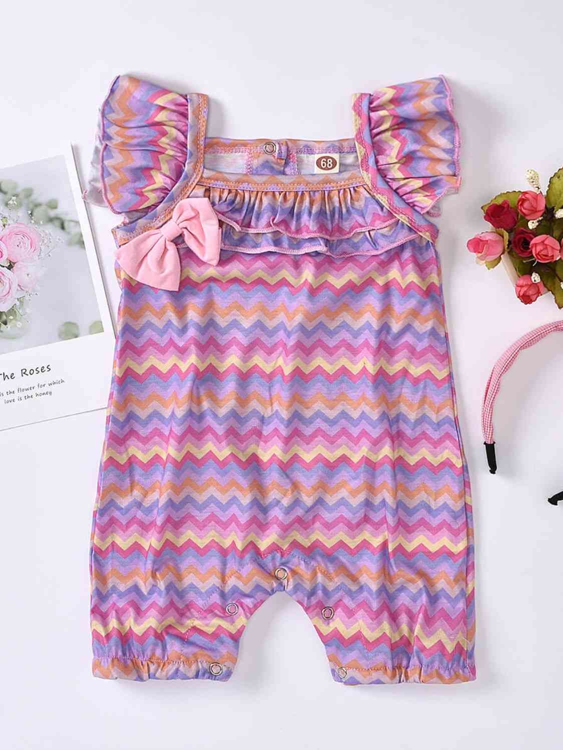 Baby Girl Printed Bow Detail Square Neck Romper Heliotrope Purple