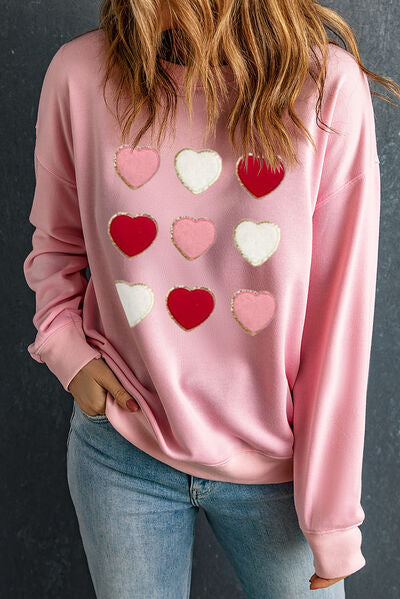 Heart Round Neck Dropped Shoulder Sweatshirt Blush Pink