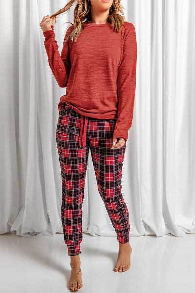 Round Neck Top and Drawstring Plaid Pants Lounge Set Deep Red