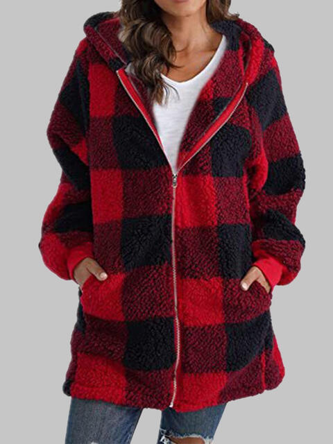 Plaid Zip-Up Hooded Jacket with Pockets Deep Red