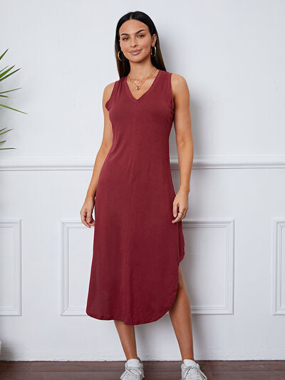 V-Neck Sleeveless Curved Hem Dress Wine