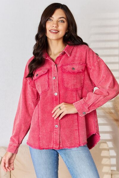 Rousseau Oversized Button Down Washed Corduroy Shacket Hot Pink