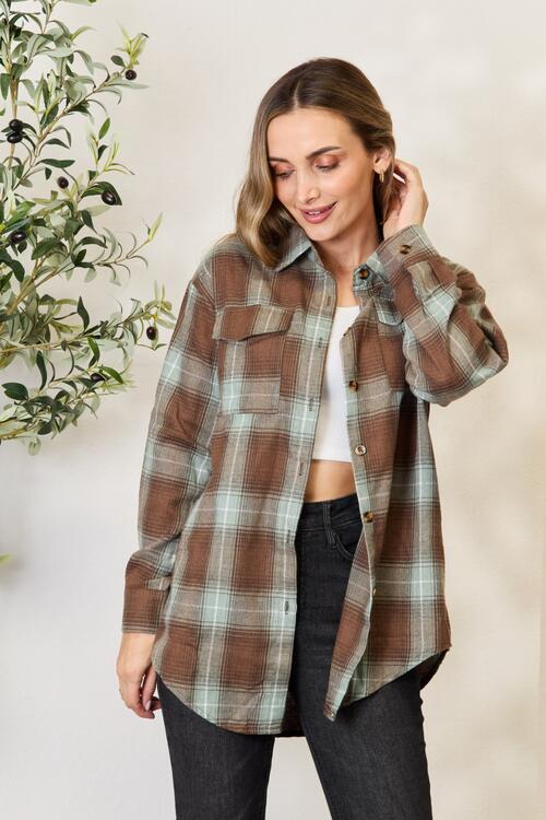 Double Take Plaid Dropped Shoulder Shirt Olive Brown