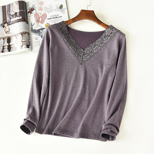 Lace Detail V-Neck Long Sleeve Lounge Top Dusty Purple