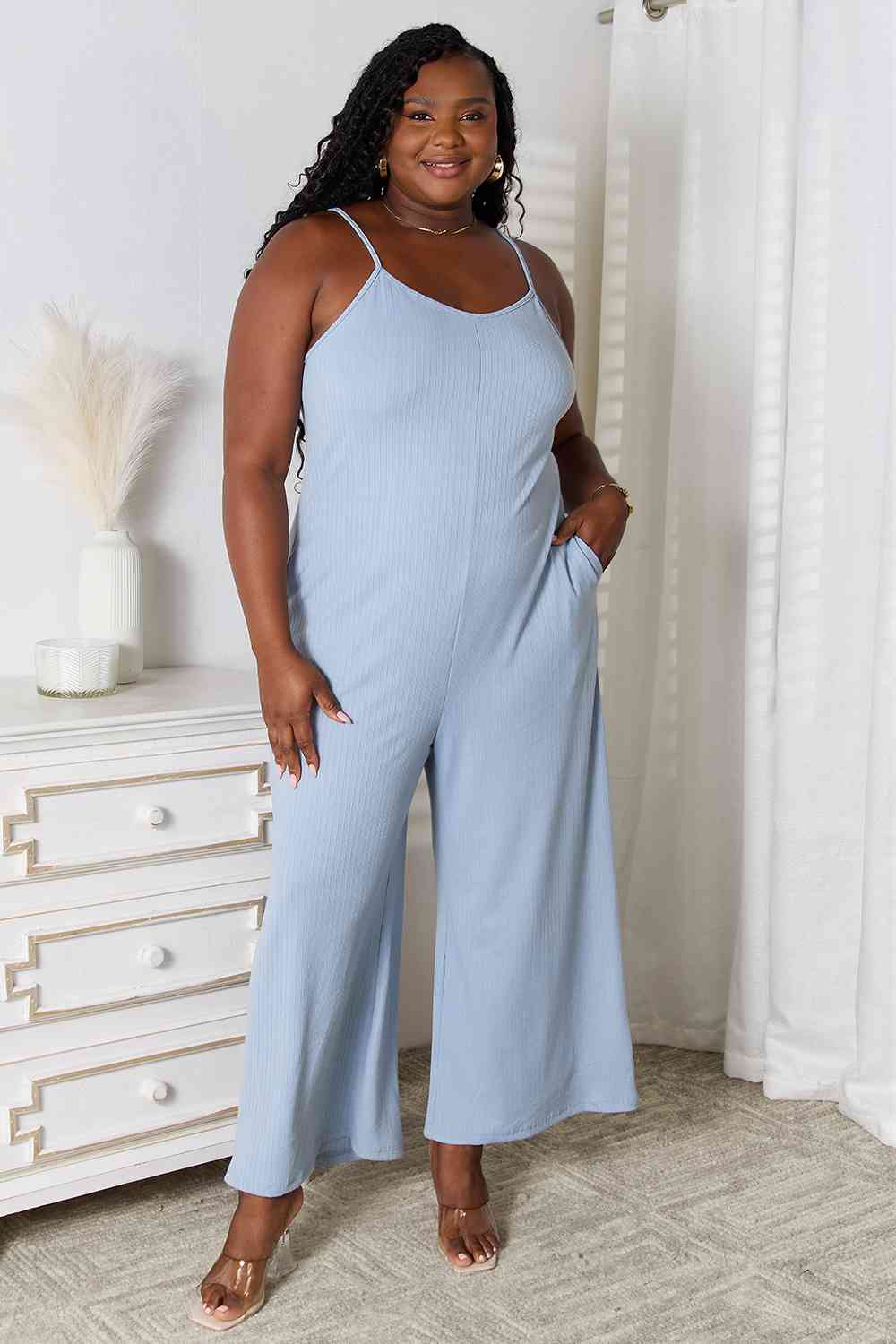 Basic Bae Full Size Spaghetti Strap V-Neck Jumpsuit Misty Blue