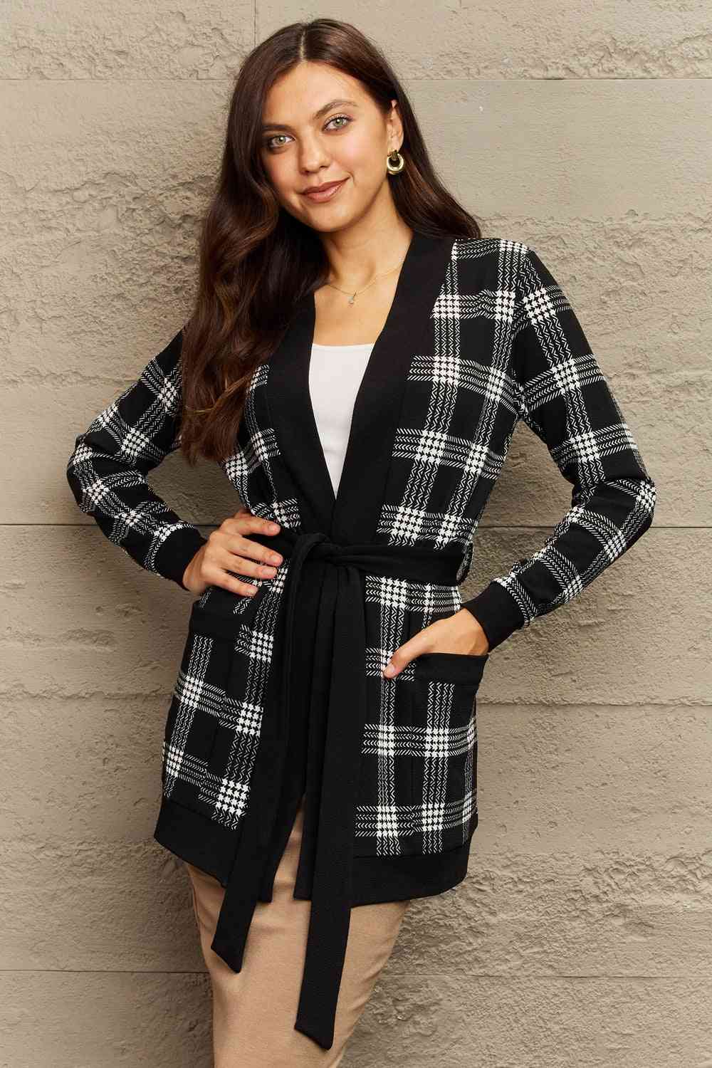 Ninexis Full Size Plaid Tie Waist Pocketed Cardigan Black