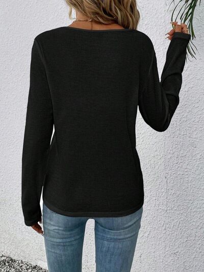 Waffle-Knit Lace Detail V-Neck Long Sleeve T-Shirt