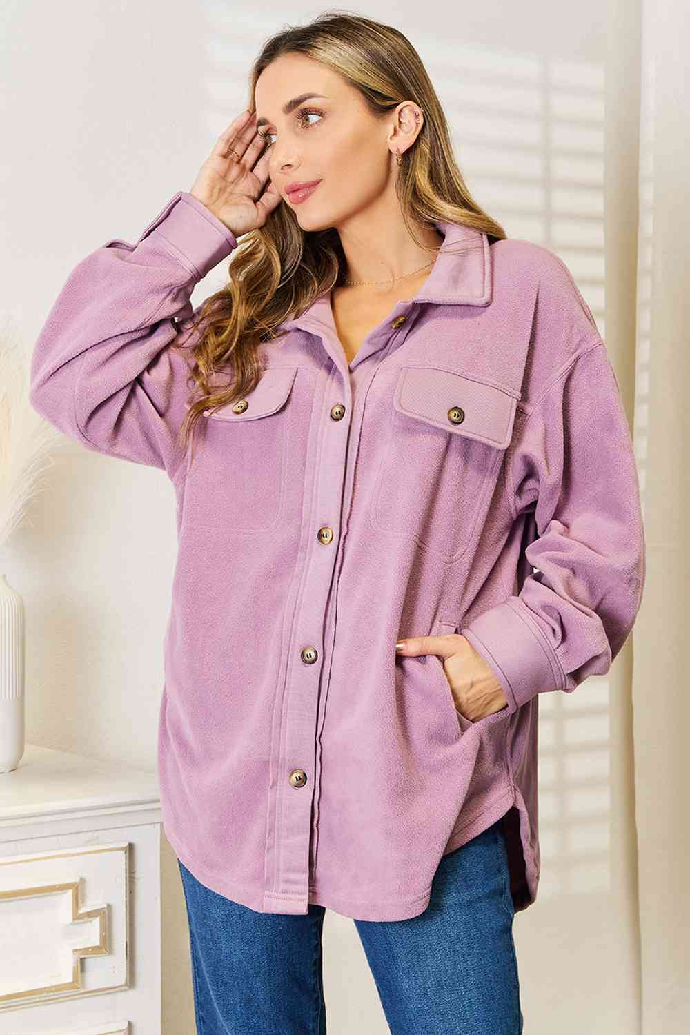 Heimish Cozy Girl Full Size Button Down Shacket Lavender