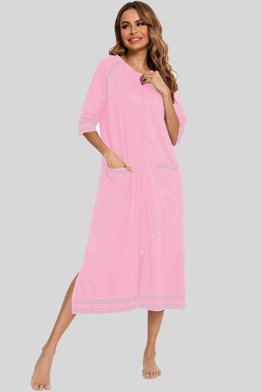 Zip Up Slit Round Neck Night Dress with Pockets Blush Pink