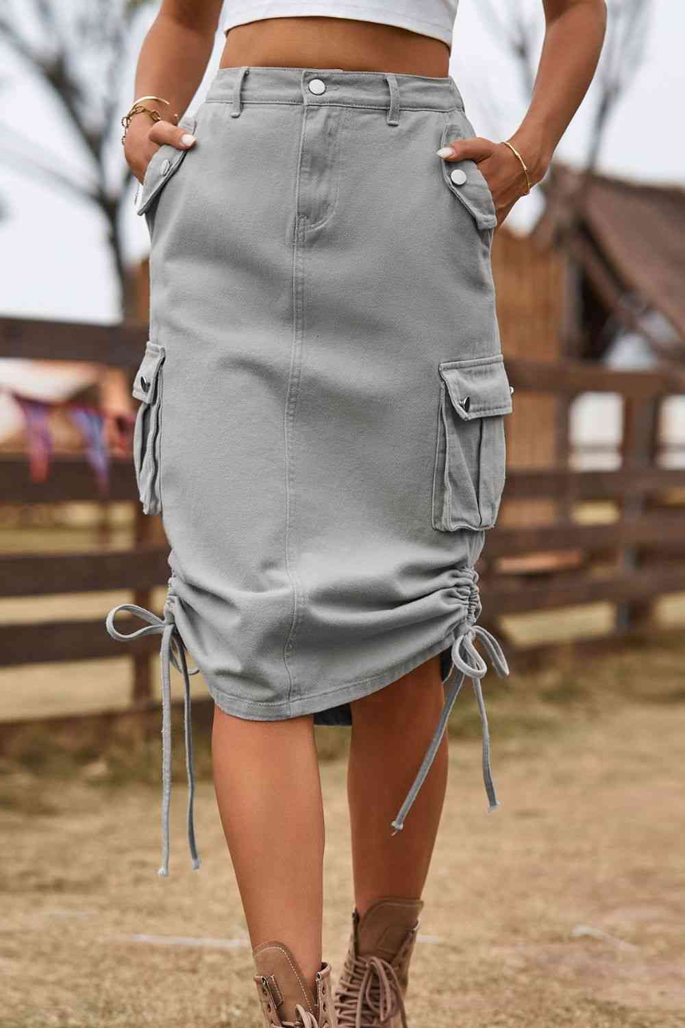 Drawstring Denim Cargo Skirt Mid Gray