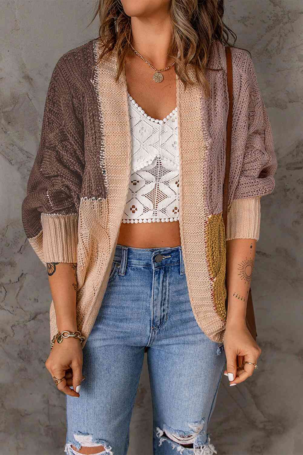 Woven Right Color Block Cable-Knit Batwing Sleeve Cardigan Brown/Yellow