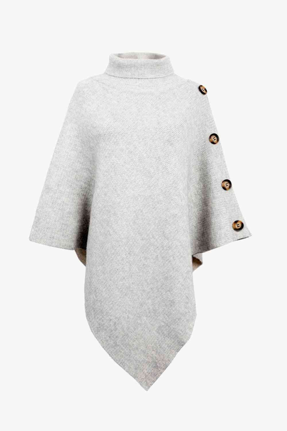 Turtleneck Buttoned Poncho Light Gray One Size