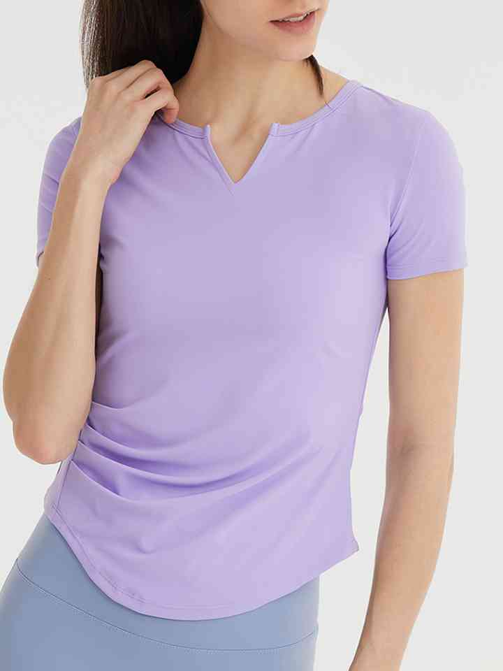 Notched Neck Short Sleeve Active Top