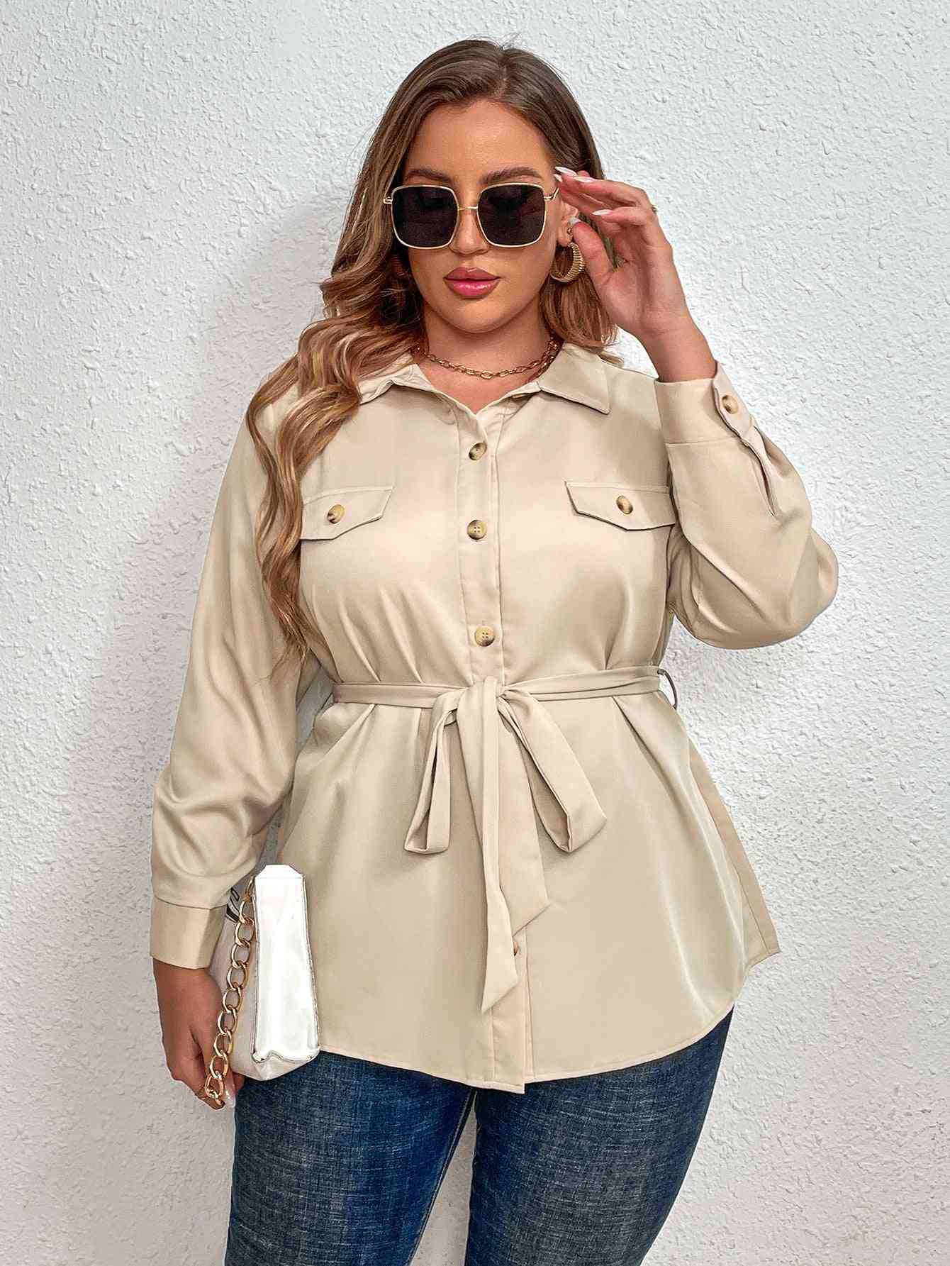 Melo Apparel Plus Size Tie Belt Long Sleeve Shirt Sand