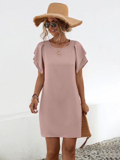 Round Neck Flutter Sleeve Mini Dress Dusty Pink