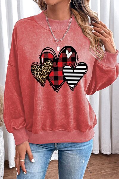 Heart Round Neck Dropped Shoulder Sweatshirt Burnt Coral