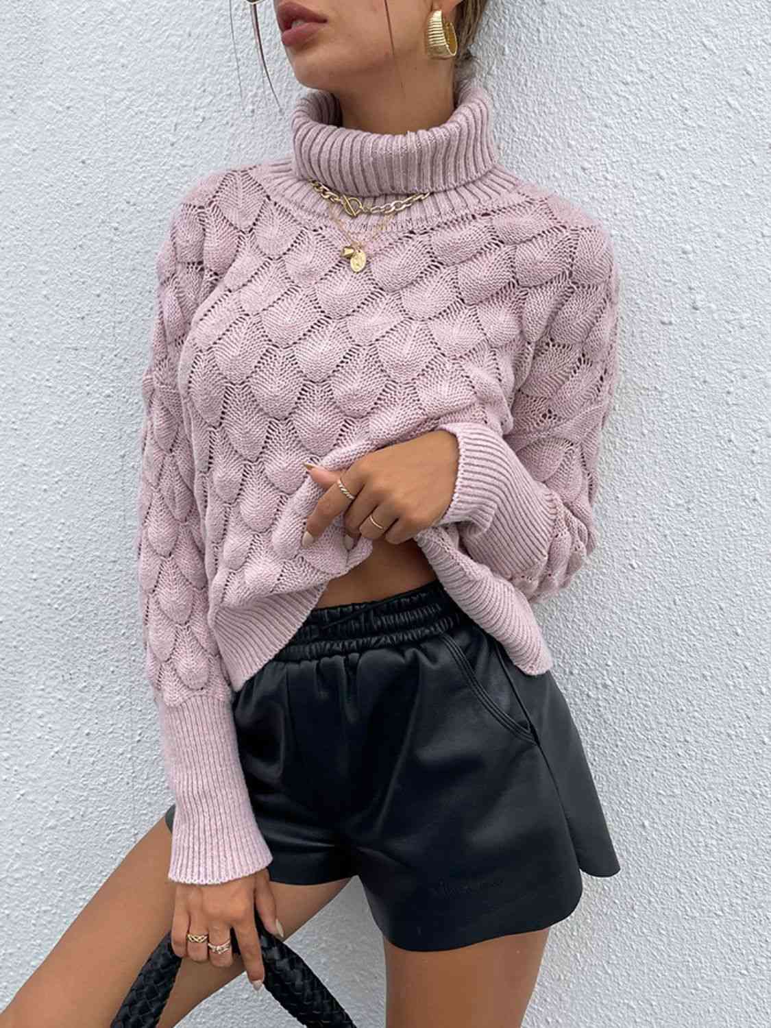 Turtle Neck Ribbed Long Sleeve Sweater Dusty Pink