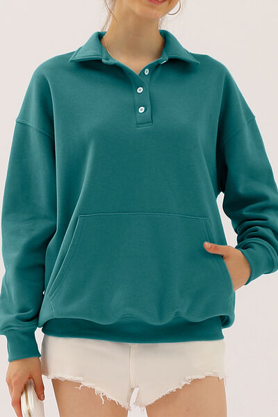 Ninexis Full Size Quarter-Button Collared Sweatshirt Turquoise