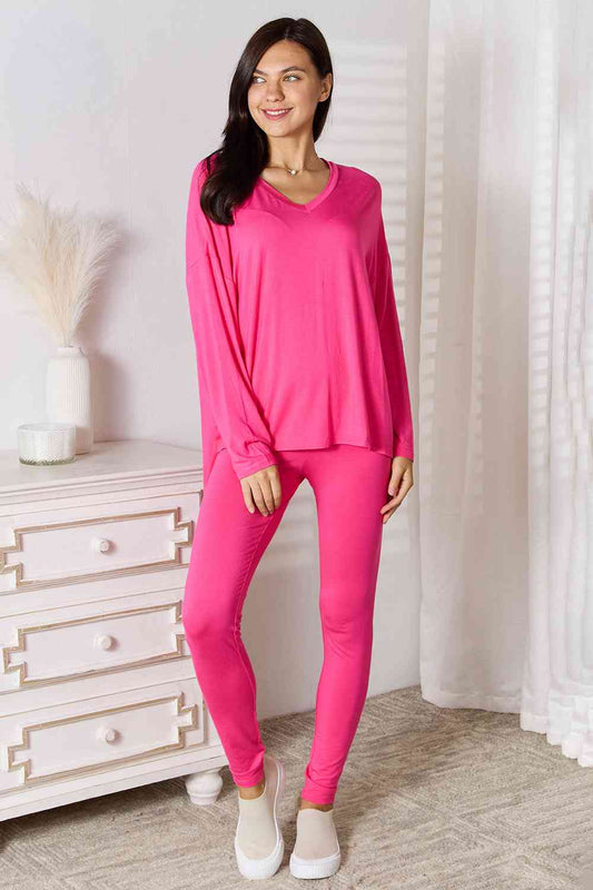 Basic Bae Full Size V-Neck Soft Rayon Long Sleeve Top and Pants Lounge Set Hot Pink