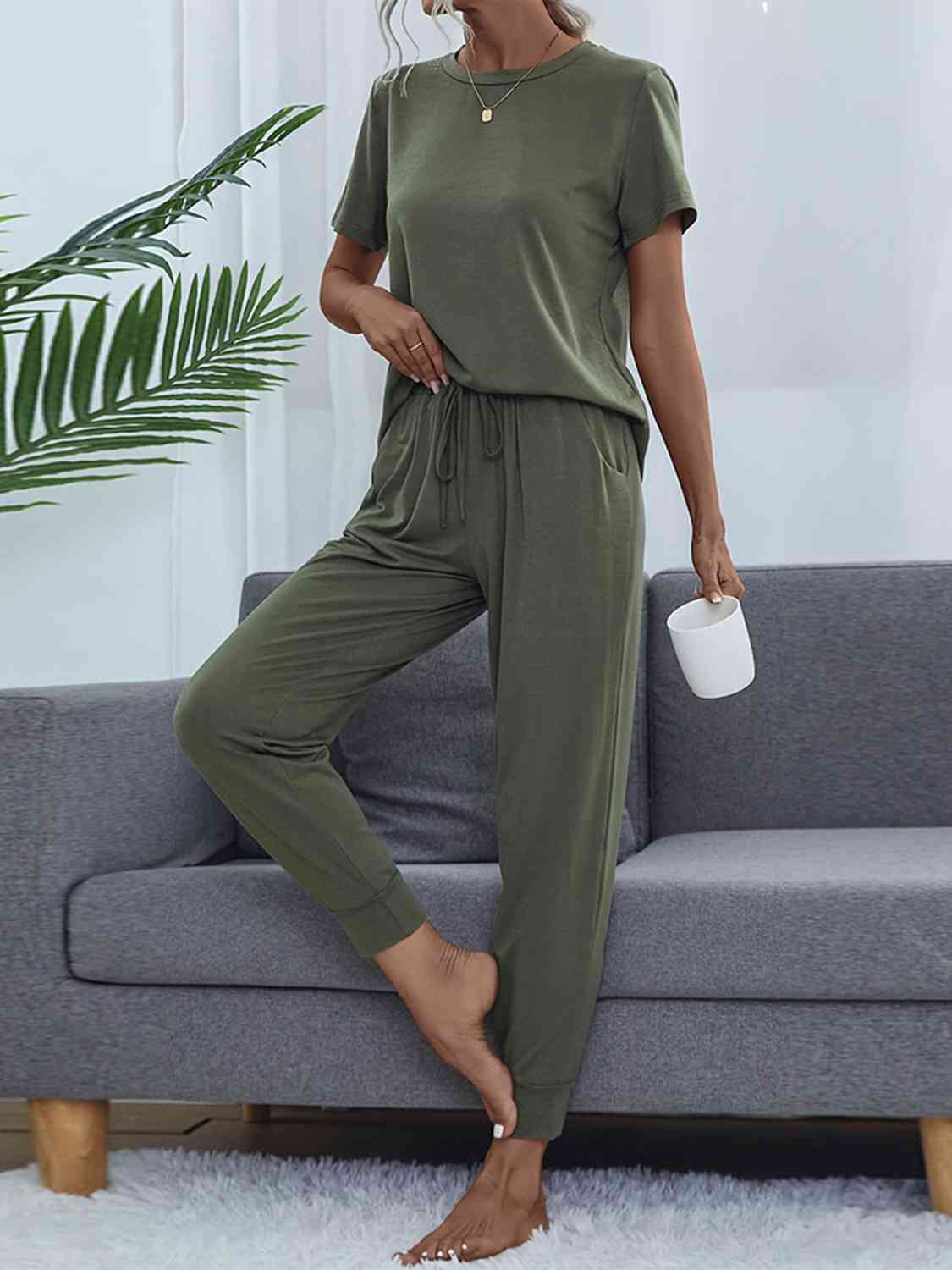 Round Neck Short Sleeve Top and Pants Set Moss