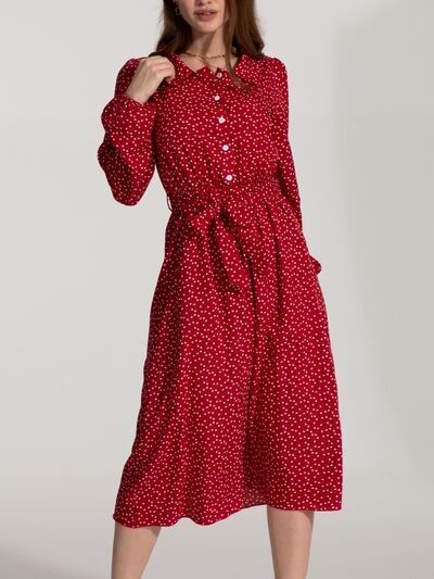 Tied Printed Button Up Balloon Sleeve Dress Deep Red