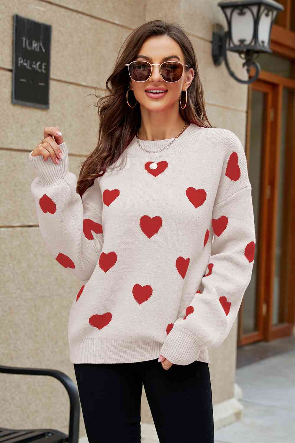 Woven Right Heart Pattern Lantern Sleeve Round Neck Tunic Sweater Beige/Red