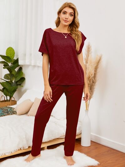 Round Neck Top and Pants Lounge Set Wine