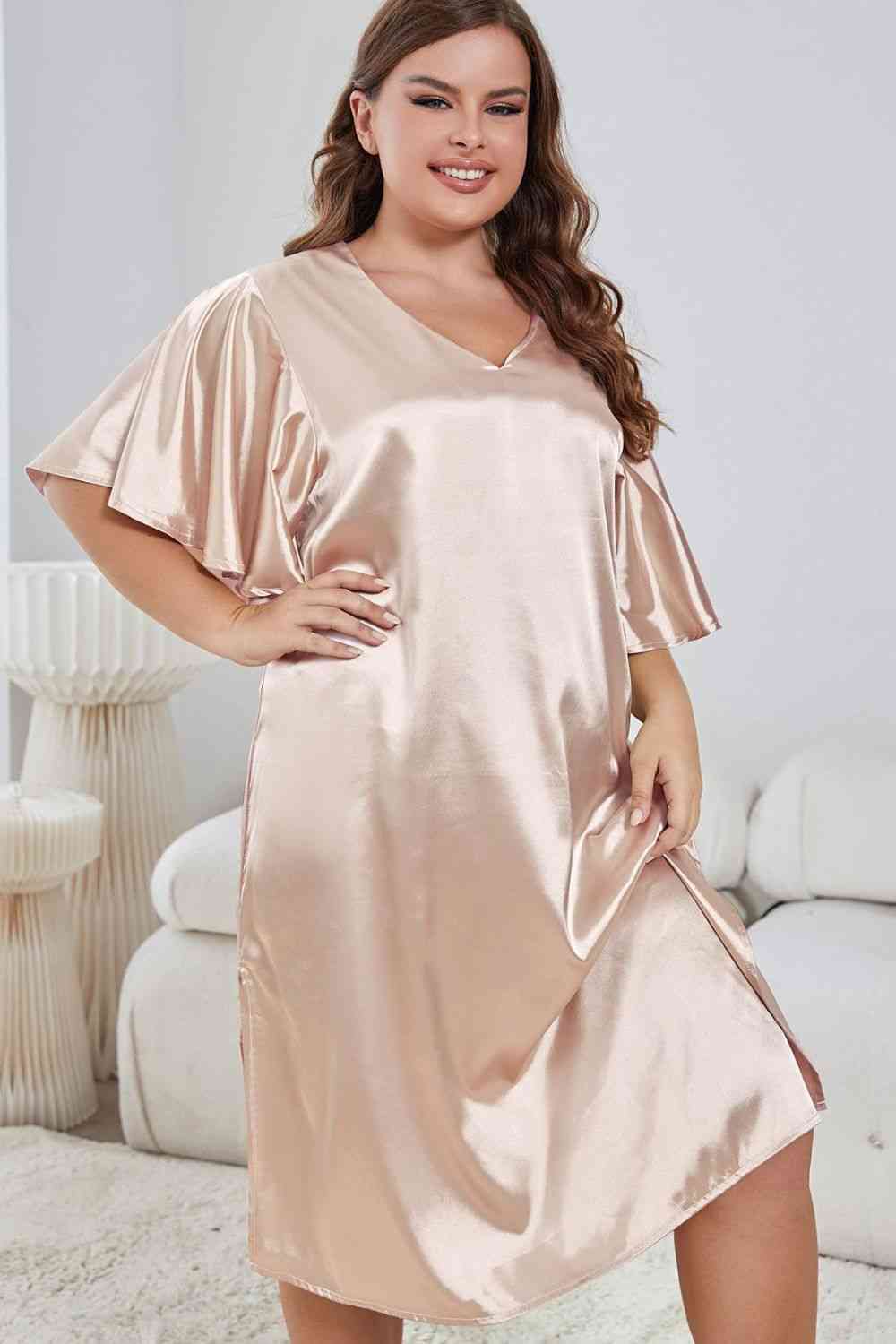 Plus Size Flutter Sleeve V-Neck Side Slit Night Gown Blush Pink