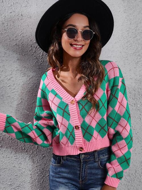 Geometric Button Up Long Sleeve Cardigan Blush Pink