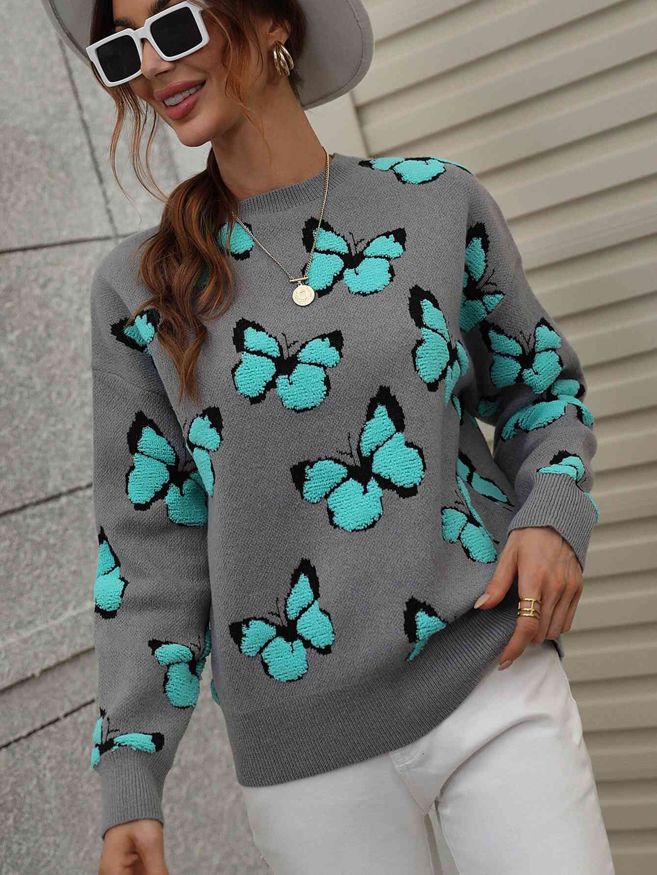 Woven Right Butterfly Dropped Shoulder Crewneck Sweater Gray