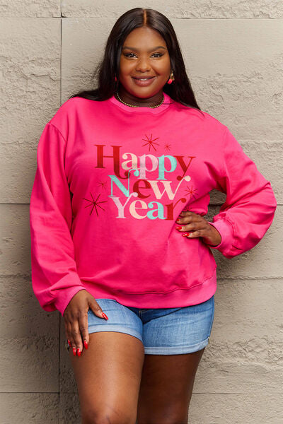 Simply Love Full Size HAPPY NEW YEAR Round Neck Sweatshirt Deep Rose