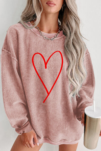 Heart Round Neck Dropped Shoulder Sweatshirt Dusty Pink