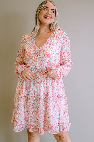 Plus Size Floral V-Neck Frill Long Sleeve Dress Blush Pink