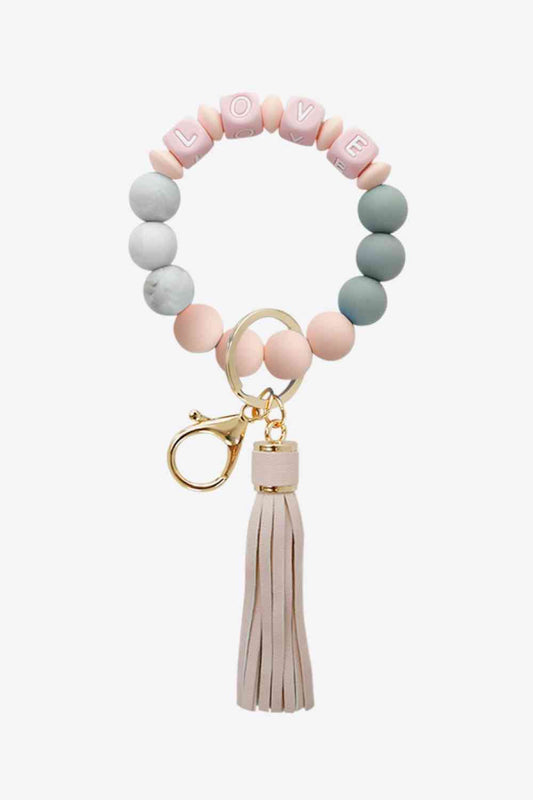 LOVE Beaded Keychain with Tassel Blush Pink One Size