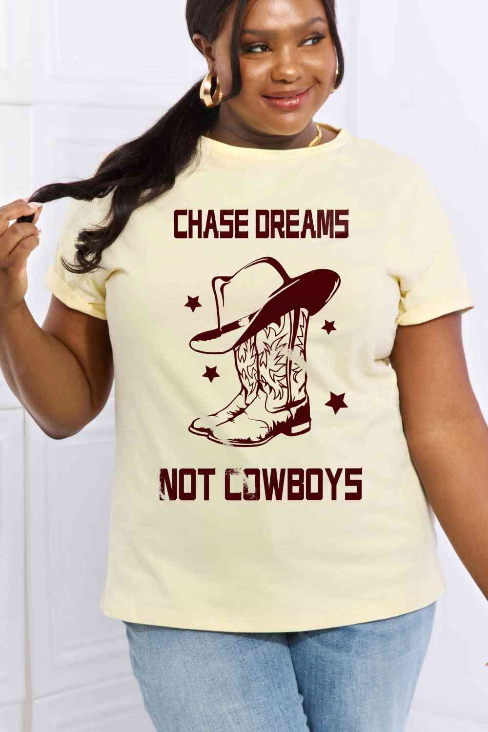 Simply Love Simply Love Full Size CHASE DREAMS NOT COWBOYS Graphic Cotton Tee Ivory